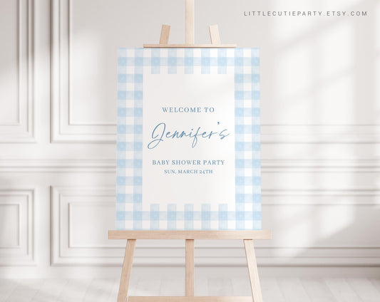 Editable Blue Gingham Baby Shower Welcome Sign, Blue Baby Shower Sign, Welcome Board, Welcome Template Shower Decoration BGHBS002