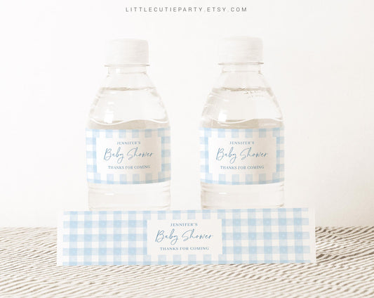 Editable Blue Gingham Baby Shower Water Bottle Labels, Bottle Label for Blue Baby Shower Theme Decorations BGHBS002
