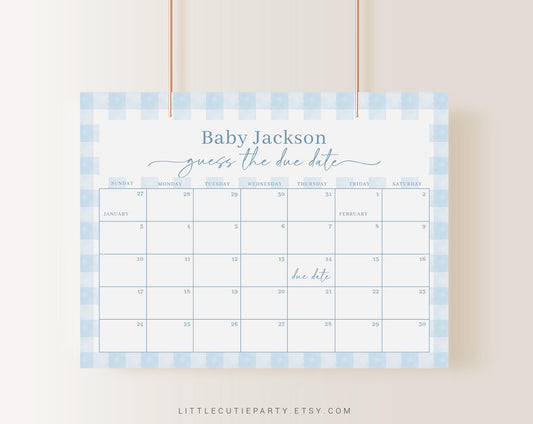 Editable Blue Gingham Baby Shower Calendar, Blue Due Date Calendar, Baby Shower Due Date Calendar Games for Gingham Baby Shower BGHBS002