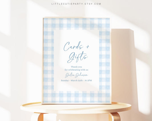 Editable Blue Gingham Baby Shower Sign, Custom Sign Template for Baby Shower Party with Blue Gingham Baby Shower Theme BGHBS002