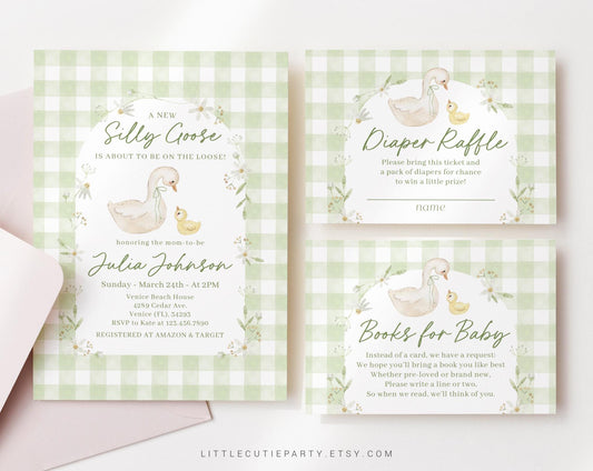 Editable Silly Goose Baby Shower Invitation, Mother Goose Baby shower Invitations with Diaper Raffle, Books for Baby and Tag SLGBS001