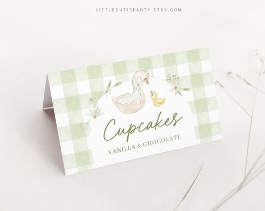 Editable Mother Goose Food Labels, Food Tent cards, Folded Food Cards for Silly Goose Baby Shower Decorations Theme SLGBS001