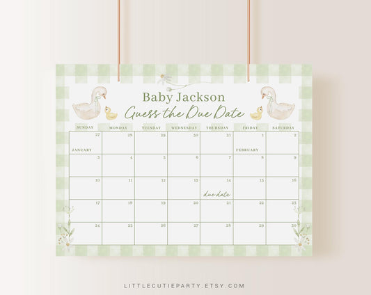 Editable Mother Goose Baby Shower Due Date Calendar, Silly Goose Baby Games, Due Date Calendar for Geese Theme SLGBS001