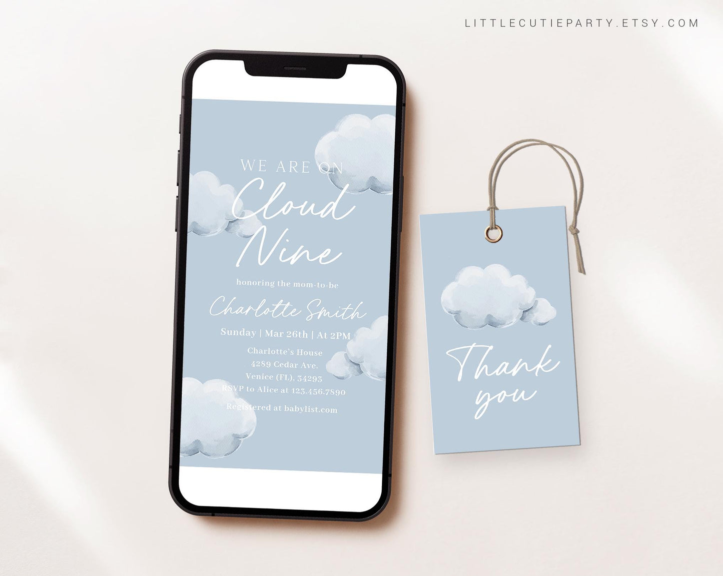 Editable We are on Cloud Nine Baby Shower Invite, On Cloud 9 Baby Shower Invite Set, Cloud Baby Shower Evite Digital Invitation CNBS001