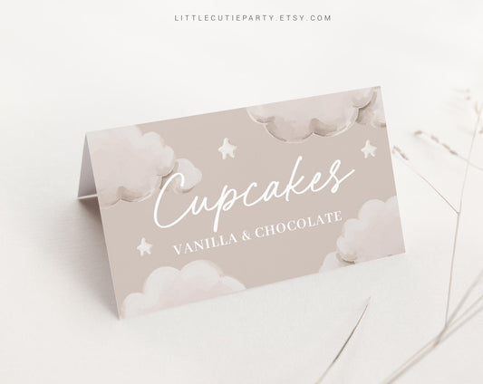 Editable Little Piece of Heaven Food Labels, Food Tent cards, Folded Food Cards for Cloud Baby Shower Decorations Theme LPHBS001