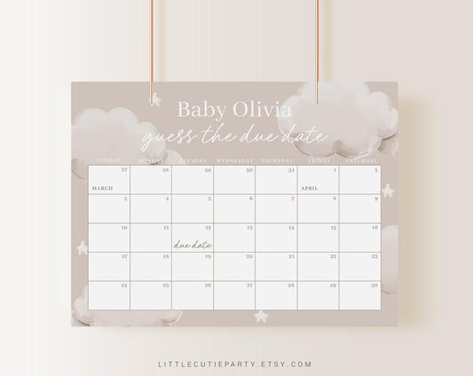 Editable A Little Piece of Heaven Baby Shower Due Date Calendar, Cloud Baby Games, Due Date Calendar for Baby Sent Theme LPHBS001