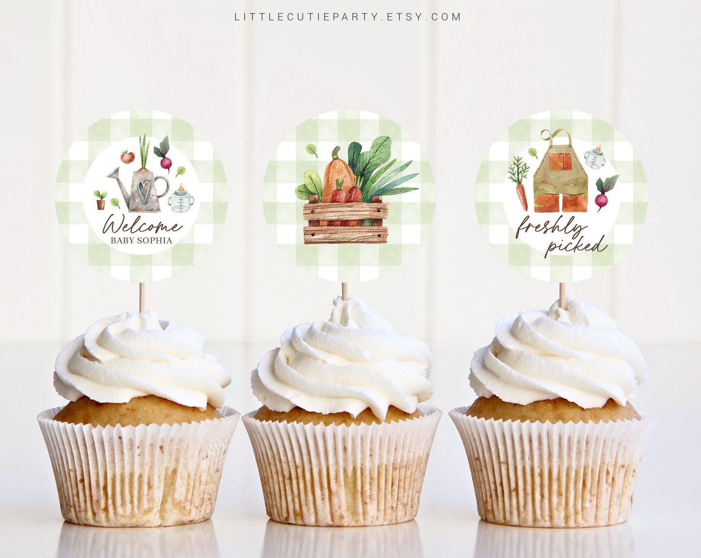 Editable Locally Grown Cupcake Toppers, Farmers Market Cupcake Topper, for Little Sprout Baby Shower Decorations LCGBS001