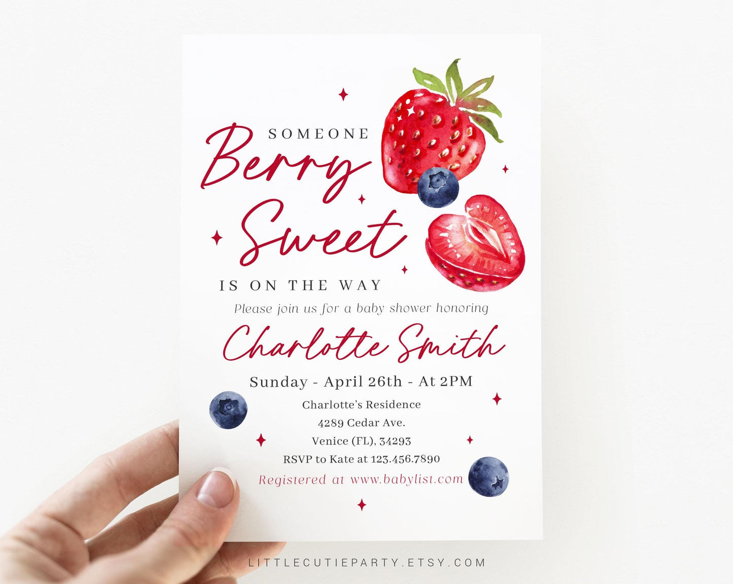 Editable Someone Berry Sweet Shower Invitation, Berry Sweet Baby Shower Invitation with Diaper Raffle, Books for Baby and Tag BRSBS002