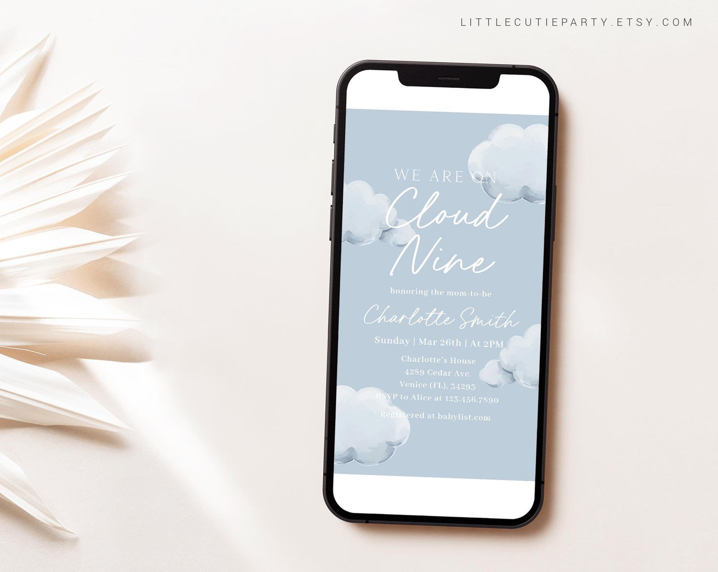 Editable We are on Cloud Nine Baby Shower Invite, On Cloud 9 Baby Shower Invite Set, Cloud Baby Shower Evite Digital Invitation CNBS001