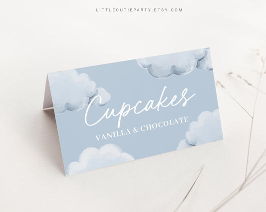 Editable We are on Cloud Nine Food Labels, Food Tent cards, Folded Food Cards for Cloud Baby Shower Decorations Theme CNBS001