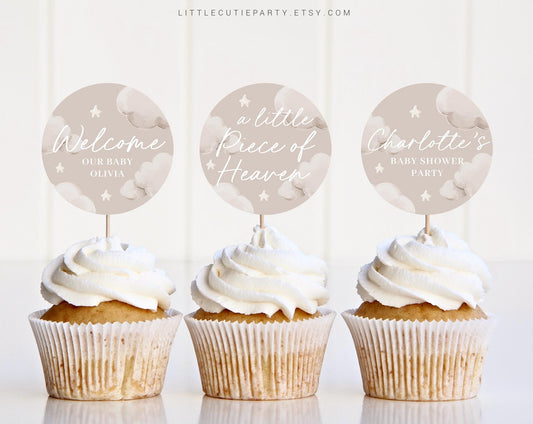 Editable Little Piece of Heaven Cake Topper, Cloud Baby Shower Cupcake Toppers, for Heaven Sent Baby Shower Decorations LPHBS001