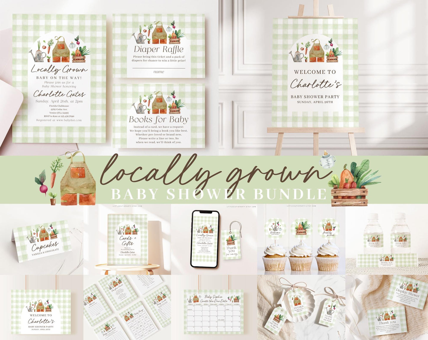 Editable Locally Grown Baby Shower Bundle, Farmers Market Baby Shower Invite Bundle with Locally Grown Baby Shower Games and Decor LCGBS001