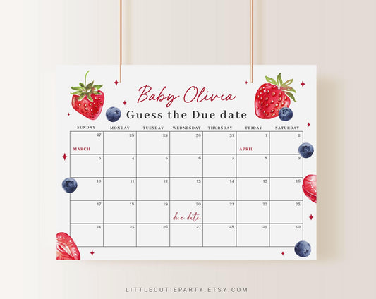 Editable Someone Berry Sweet Baby Shower Calendar, Berry Due Date Calendar, Blueberry and Strawberry Shower Due Date Calendar Games BRSBS002