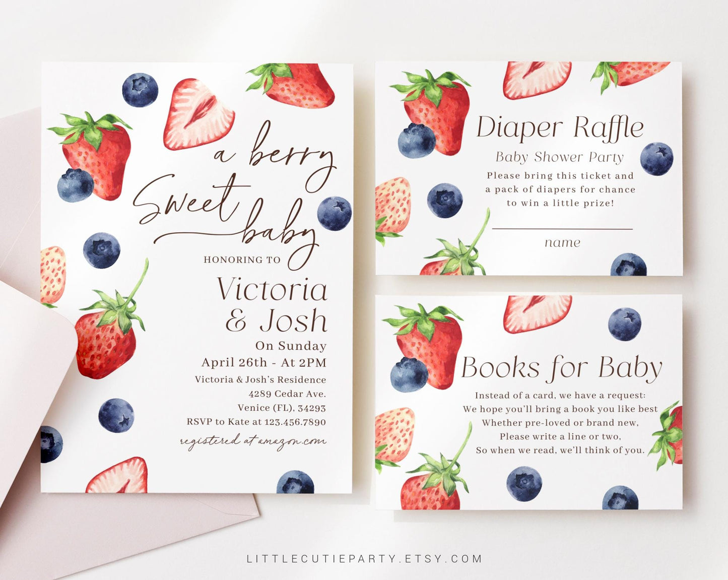 Editable Berry Sweet Baby Shower Invitation, Berry Baby Shower Invites, Blueberry Strawberry Diaper Raffle, Books for Baby and Tag BRSBS003