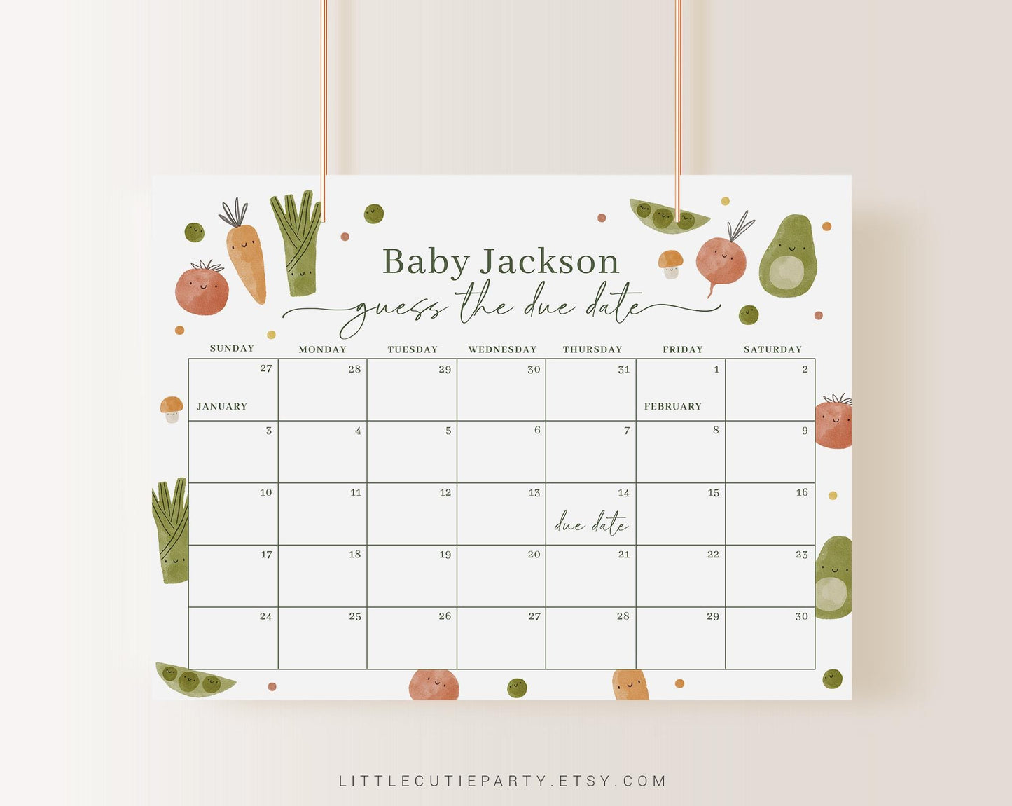 Editable Little Sprout Baby Shower Calendar Prediction, Little Sprout is on the Way Due Date Calendar, for Locally Grown Shower LSPBS001