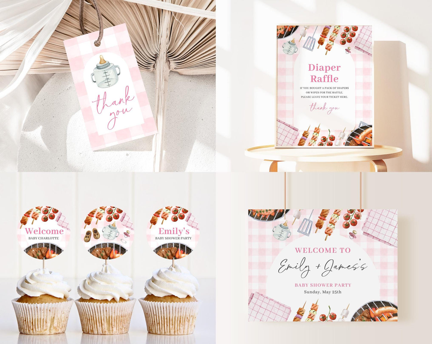 Editable Babyq Pink Baby Shower Invitation Bundle, BBQ baby Shower Girl Invitation with Game Bundle and Barbeque Baby Shower Decor BBQBS003