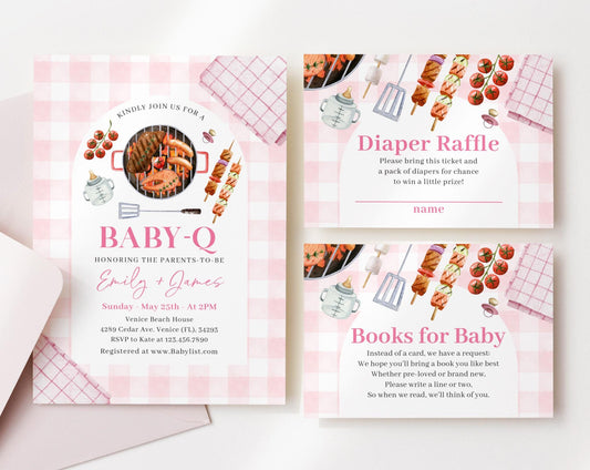 Editable BBQ Baby Shower Girl Invitation, Baby Q Girl Invitations, BabyQ Pink Baby Shower with Diaper Raffle, Book for Baby and Tag BBQBS003