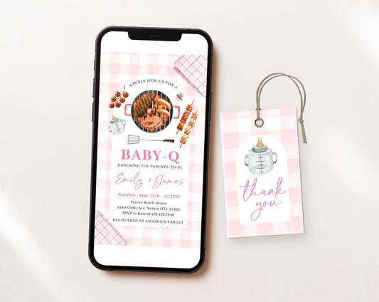 Editable Babyq Pink Invite, BBQ Baby Shower Girl Invitation, Barbecue Baby Shower Digital Invite for Baby Q Girl Baby Shower Party BBQBS003
