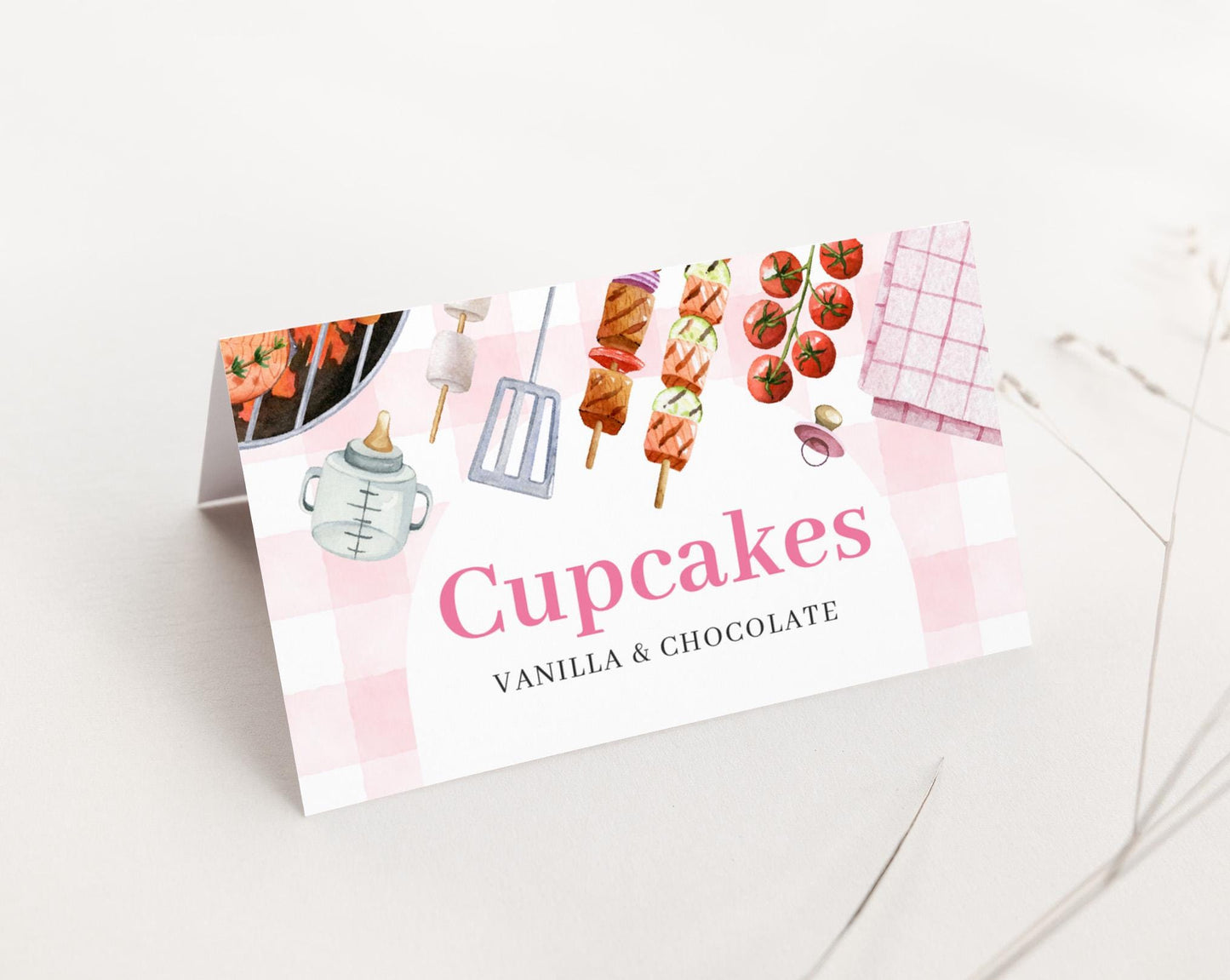 Editable Babyq Pink Food Labels, Baby Q Girl Food Tent cards, Folded Food Cards for Baby Q Pink Decorations BBQBS003