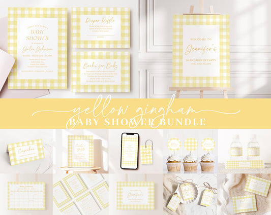 Editable Yellow Gingham Baby Shower Invitation Bundle, Yellow Baby Shower Invite with Games and Yellow Baby Shower Decor YGHBS001