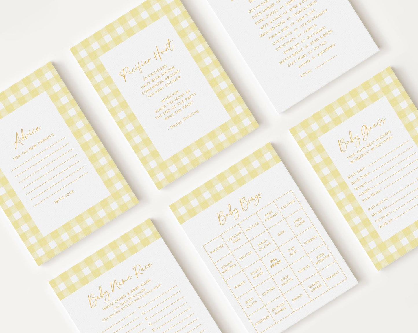 10 Editable Yellow Gingham Baby Shower Games, Yellow Baby Shower Games Bundle, Yellow Gingham Set Neutral Baby Shower Party Games YGHBS001