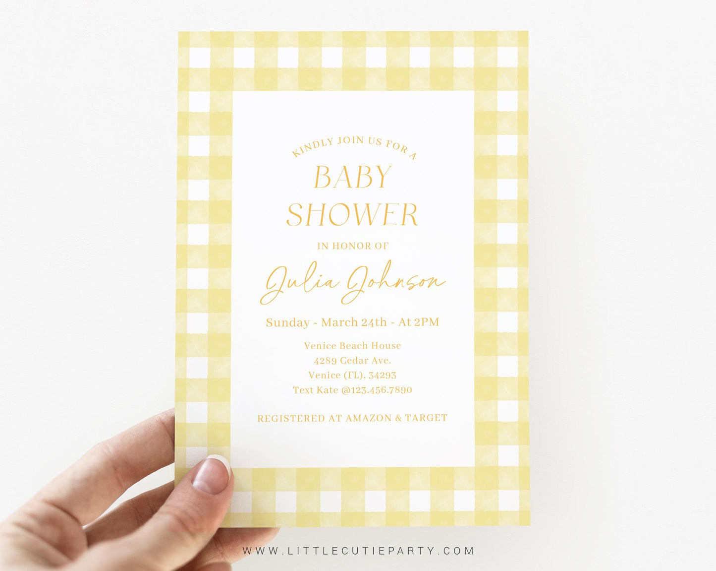 Editable Yellow Gingham Baby Shower Invitation, Yellow Baby Shower Invite, Yellow Shower with Diaper Raffle, Books and Tag YGHBS001