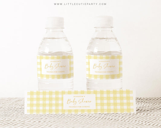 Editable Yellow Gingham Water Bottle Labels, Bottle Label for Yellow Baby Shower Party Decorations Theme YGHBS001
