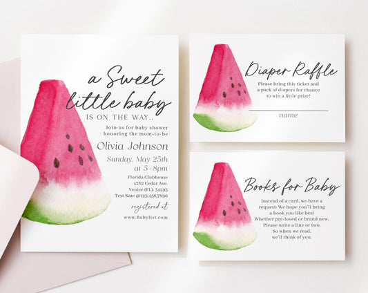 Editable Watermelon Baby Shower Invitation, Watermelon Invite with Diaper Raffle, Books for Baby Boy and Gift Tag WTMBS002