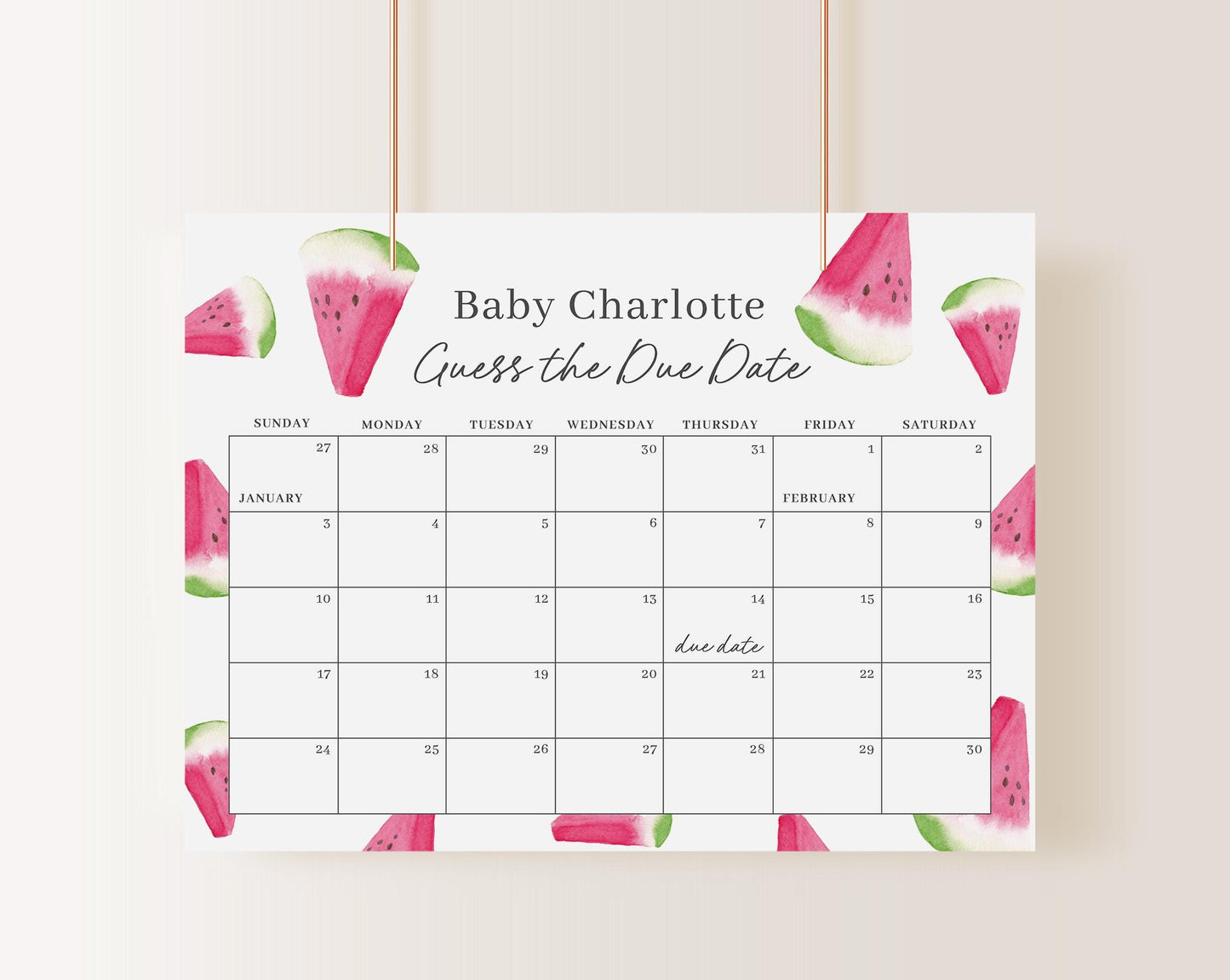Editable Watermelon Baby Shower Calendar, Watermelon Baby Shower Calendar, Baby Shower Due Date Calendar Games for Summer WTMBS002