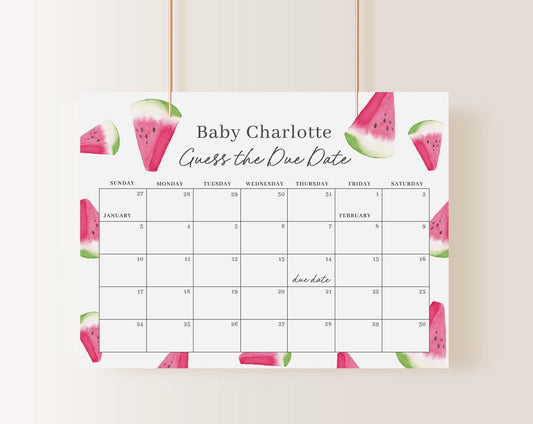 Editable Watermelon Baby Shower Calendar, Watermelon Baby Shower Calendar, Baby Shower Due Date Calendar Games for Summer WTMBS002