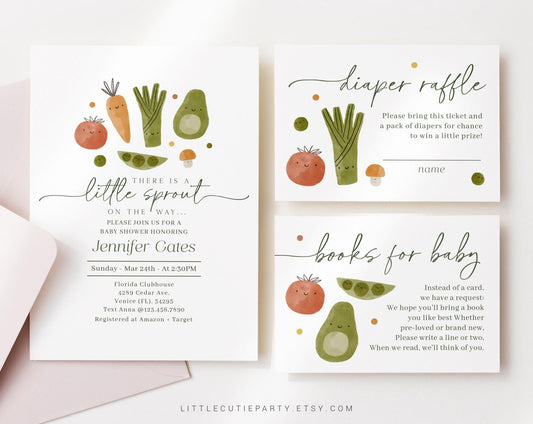 Editable Little Sprout Baby Shower Invitation, A Little Sprout is on the Way Invite with Diaper Raffle, Books for Baby and Tag LSPBS001