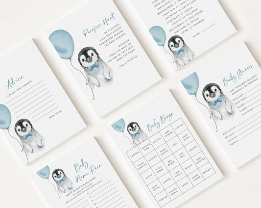 10 Editable Blue Penguin Baby Shower Games, Baby Boy Shower Games Bundle, Penguin Boy Set Neutral Baby Shower Party Games PENGBS002