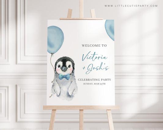 Editable Blue Penguin Baby Shower Welcome Sign, Penguin Boy Baby Shower Sign, Welcome Board, Welcome Template Shower Decoration PENGBS002