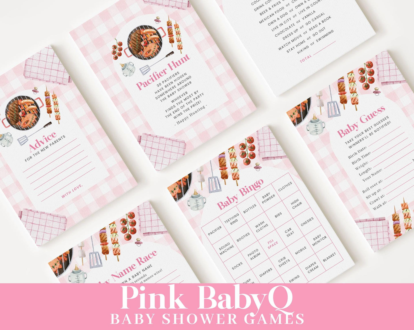 Editable Babyq Pink Baby Shower Invitation Bundle, BBQ baby Shower Girl Invitation with Game Bundle and Barbeque Baby Shower Decor BBQBS003