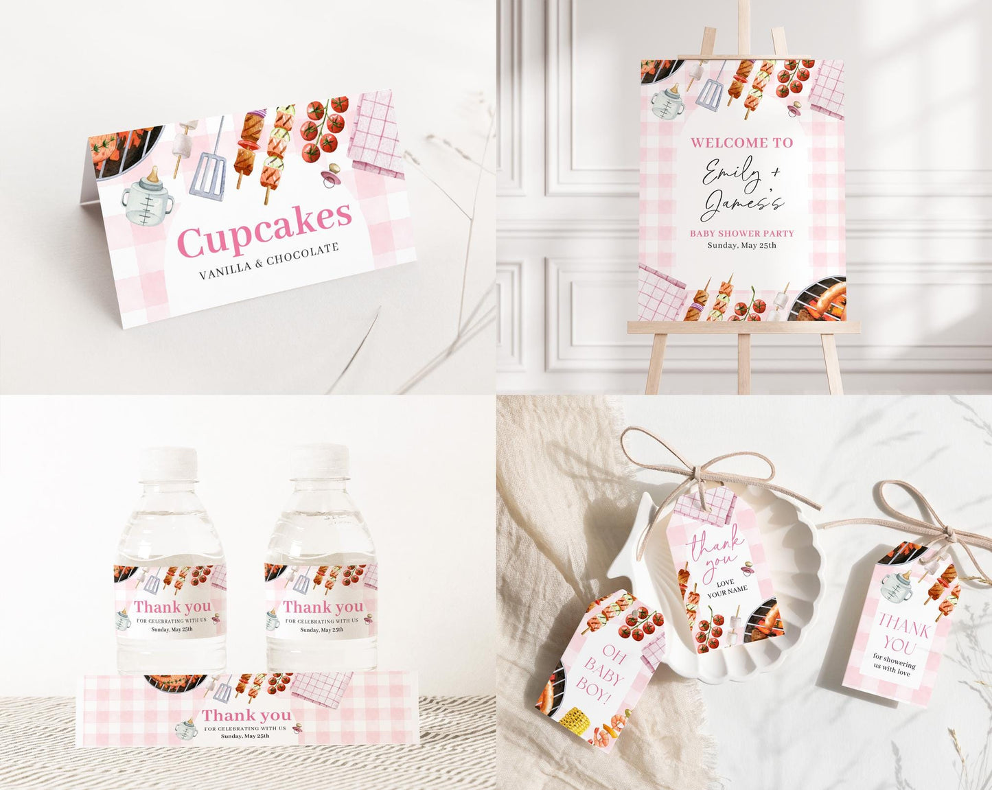 Editable Babyq Pink Baby Shower Invitation Bundle, BBQ baby Shower Girl Invitation with Game Bundle and Barbeque Baby Shower Decor BBQBS003
