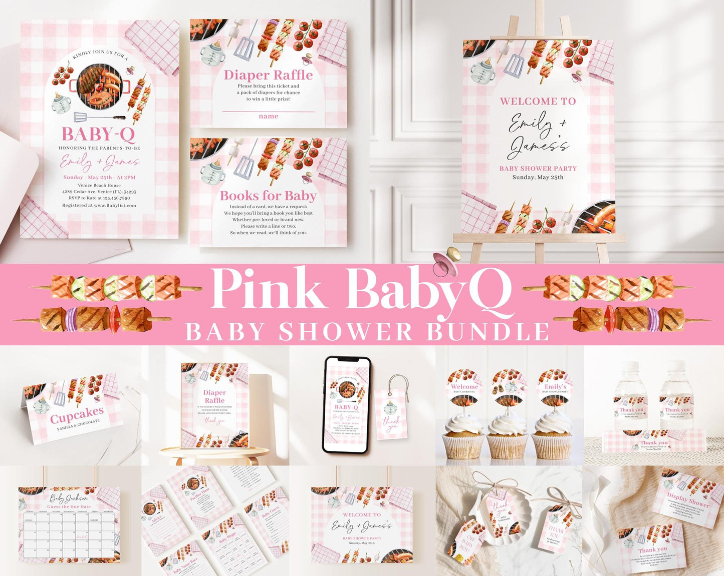 Editable Babyq Pink Baby Shower Invitation Bundle, BBQ baby Shower Girl Invitation with Game Bundle and Barbeque Baby Shower Decor BBQBS003