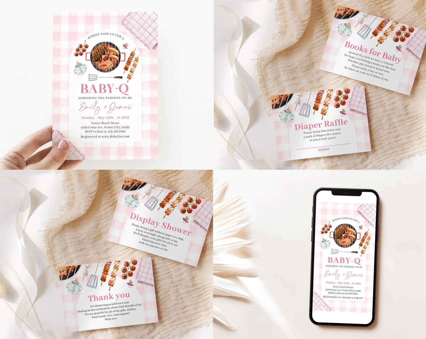 Editable Babyq Pink Baby Shower Invitation Bundle, BBQ baby Shower Girl Invitation with Game Bundle and Barbeque Baby Shower Decor BBQBS003