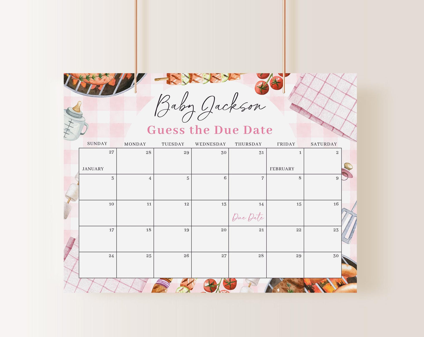Editable BabyQ Pink Baby Shower Calendar, BBQ Baby Shower Pink Due Date Calendar, Due Date Calendar Game for Baby Q Girl BBQBS003