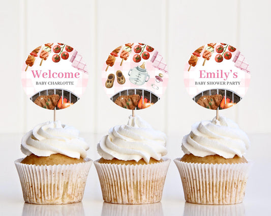 Editable Babyq Pink Cake Toppers, BBQ Baby Shower Pink Cupcake Toppers, Cake Topper Template, Baby Q Pink Stickers Decorations BBQBS003