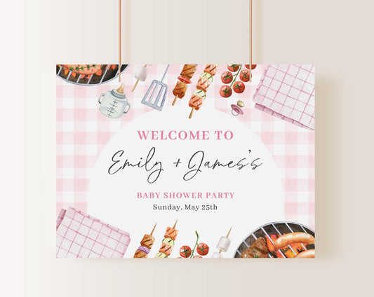 Editable Barbeque Pink Baby Shower Backdrop, BBQ Girl Baby Shower Banner, Shower Sign for BabyQ Pink Banner Welcome Sign BBQBS003
