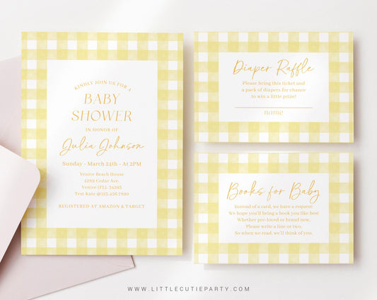Editable Yellow Gingham Baby Shower Invitation, Yellow Baby Shower Invite, Yellow Shower with Diaper Raffle, Books and Tag YGHBS001