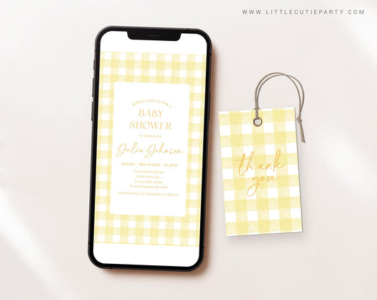 Editable Yellow Gingham Baby Shower Invite, Yellow Baby Shower Evite, Baby Shower Digital Invite for Yellow Baby Shower YGHBS001