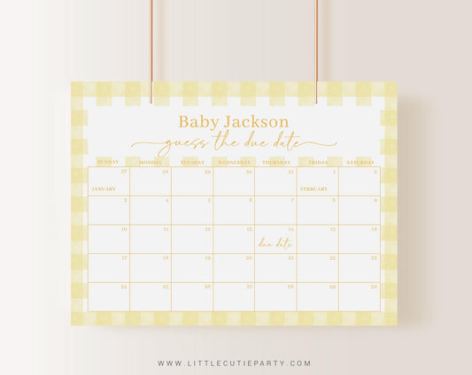 Editable Yellow Gingham Baby Shower Calendar, Yellow Due Date Calendar, Baby Shower Due Date Calendar Game for Yellow Shower YGHBS001