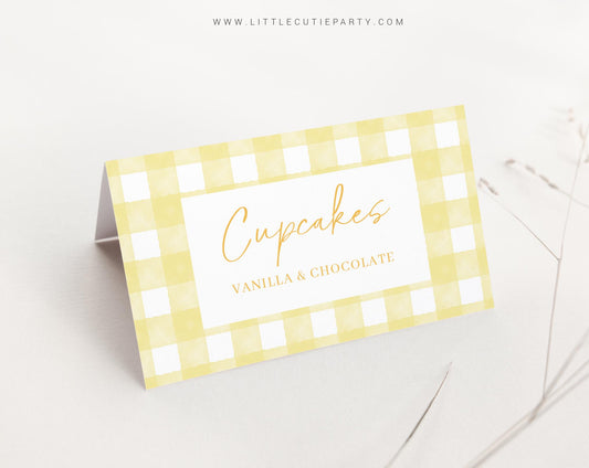 Editable Yellow Gingham Food Labels, Food Tent cards, Folded Food Cards for Yellow Baby Shower Party Decorations Theme YGHBS001