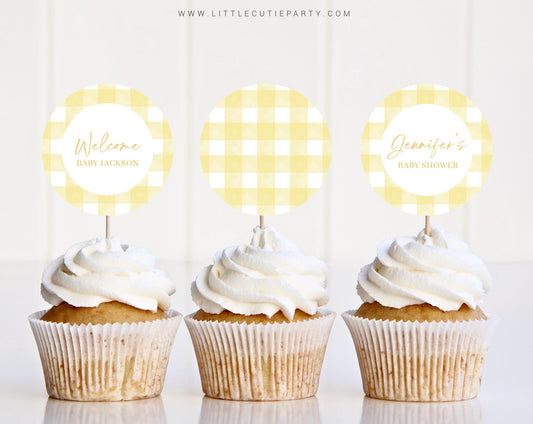 Editable Yellow Gingham Cake Toppers, Yellow Baby Shower Cupcake Toppers, Cake Topper Template, Yellow Cake Topper Decorations YGHBS001
