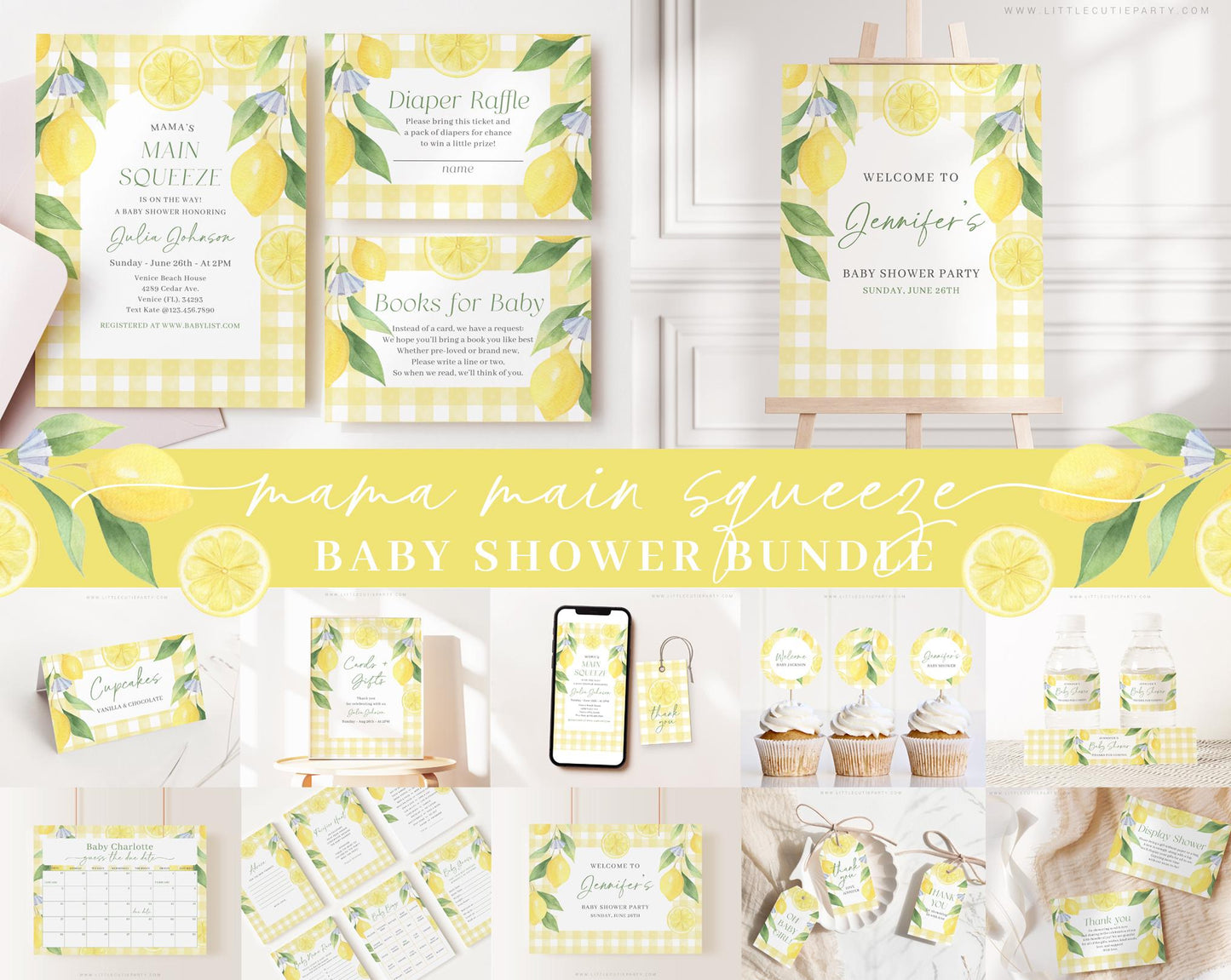 Editable Mamas Main Squeeze Baby Shower Bundle, Lemon Baby Shower Bundle with Main Squeeze Baby Shower Games and Decor LMNBS003