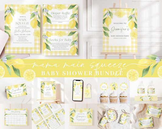 Editable Mamas Main Squeeze Baby Shower Bundle, Lemon Baby Shower Bundle with Main Squeeze Baby Shower Games and Decor LMNBS003