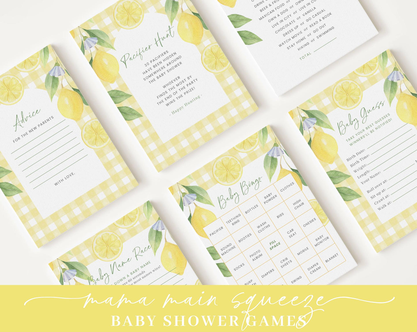 Editable Mamas Main Squeeze Baby Shower Bundle, Lemon Baby Shower Bundle with Main Squeeze Baby Shower Games and Decor LMNBS003