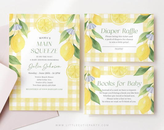 Editable Mamas Main Squeeze Baby Shower Invitation, Main Squeeze Baby Shower Invite with Diaper Raffle, Books for Baby and Tag LMNBS003