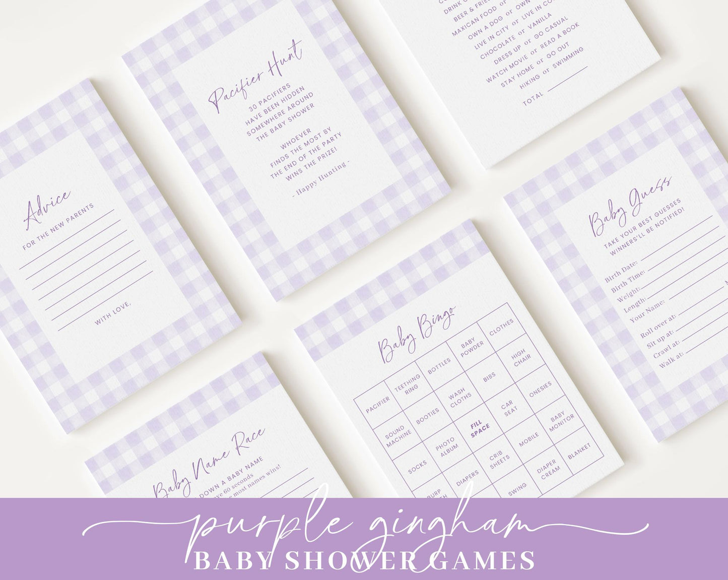 Editable Purple Gingham Baby Shower Invitation Bundle, Purple Baby Shower Invite with Games and Purple Baby Shower Decor PGHBS001
